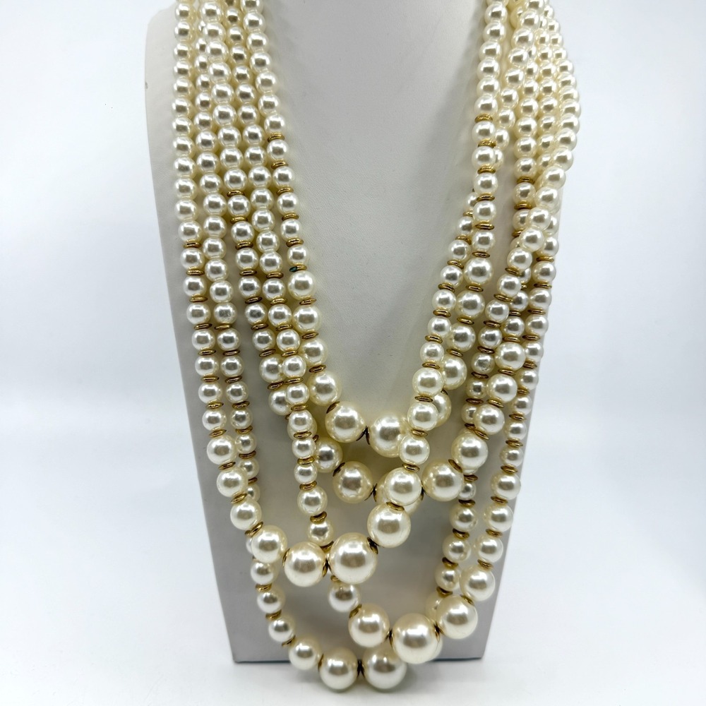 Gold Tone Multi Strand Pearl Statement Necklace - Boho Wedding Party Gift